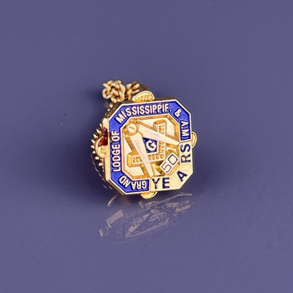Grand Lodge of Mississippi & AM 50 Years Tie Tack Pin Freemason Gold Tone VTG